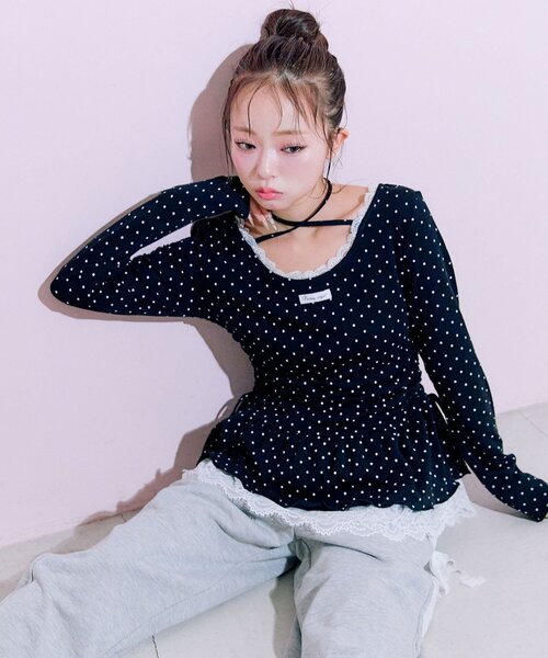 OLIVE des OLIVE（オリーブデオリーブ） tシャツ 裾レースドロスト