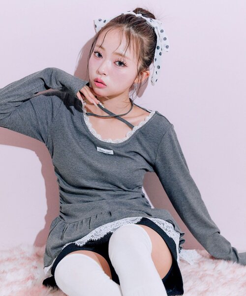 OLIVE des OLIVE（オリーブデオリーブ） tシャツ 裾レースドロスト