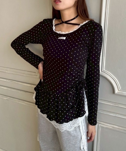 OLIVE des OLIVE（オリーブデオリーブ） tシャツ 裾レースドロスト
