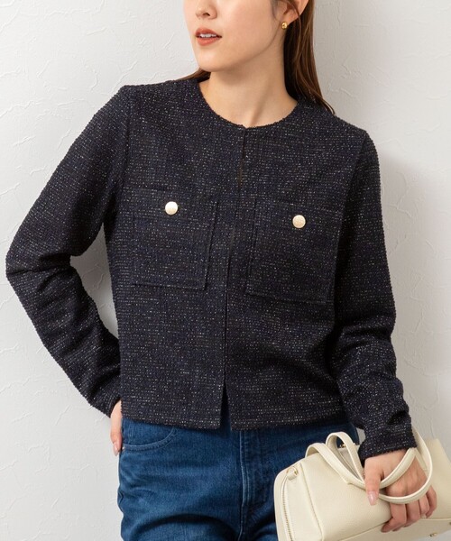 NOLLEY'S 美品　ノーカラー　ジャケット アウター　ネイビー 38 NOLLEY'S 「NOLLEY'S」 ノーカラージャケット 38 ネイビー