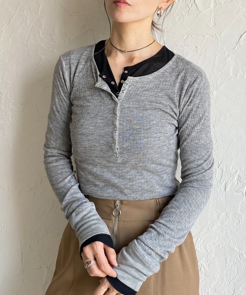 She's Closet tシャツ 長袖 ヘンリーネック シアーリブトップス ボタン