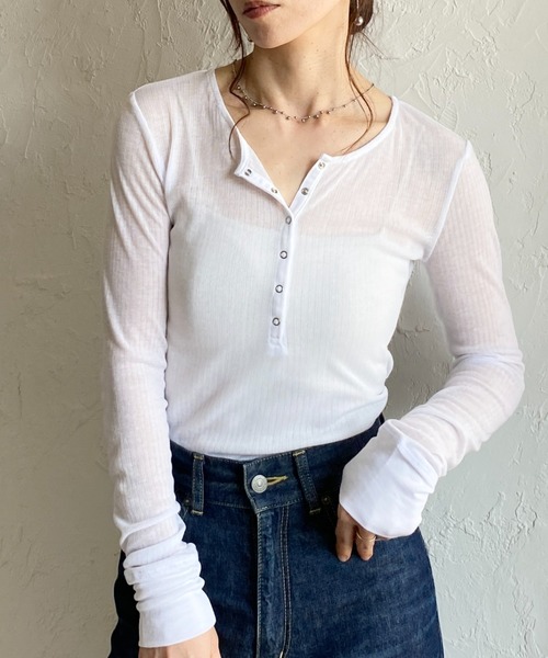 She's Closet ヘンリーネック tシャツ 長袖 ヘンリーネック シアーリブ