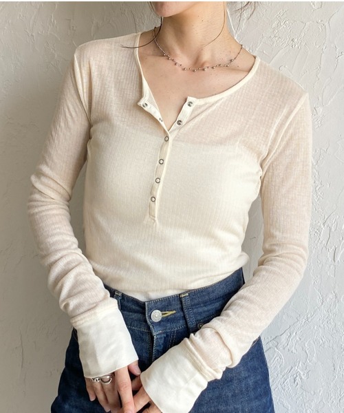 She's Closet tシャツ 長袖 ヘンリーネック シアーリブトップス ボタン