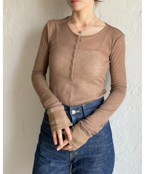She's Closet tシャツ 長袖 ヘンリーネック シアーリブトップス ボタン