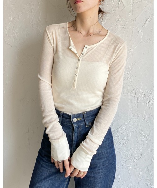 She's Closet ヘンリーネック tシャツ 長袖 ヘンリーネック シアーリブ