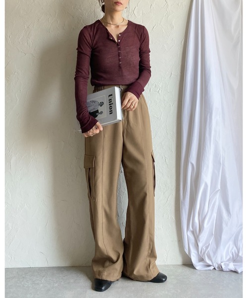 She's Closet ヘンリーネック tシャツ 長袖 ヘンリーネック シアーリブ