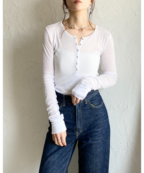 She's Closet ヘンリーネック tシャツ 長袖 ヘンリーネック シアーリブ