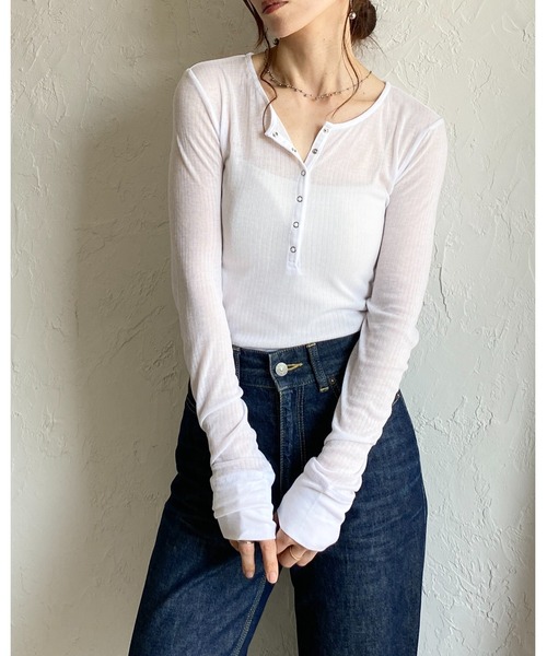 She's Closet ヘンリーネック tシャツ 長袖 ヘンリーネック シアーリブ