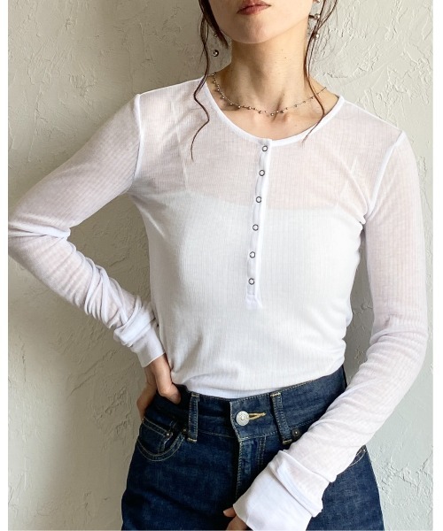 She's Closet tシャツ 長袖 ヘンリーネック シアーリブトップス ボタン