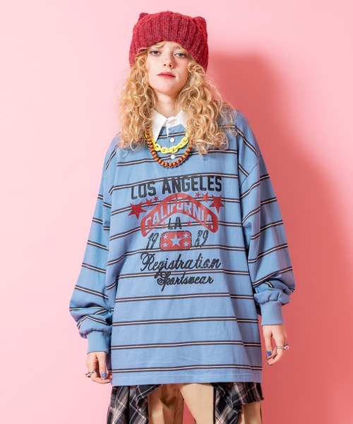 tシャツ a.p.o.v. 掠れアメカジプリントボーダー柄オーバーサイズ