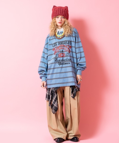 tシャツ a.p.o.v. 掠れアメカジプリントボーダー柄オーバーサイズ