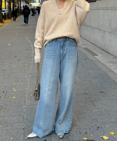 ジーンズ デニム デニムパンツ ルーズフレアデニム レディースの画像