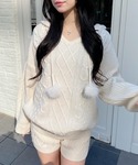 パーカー ポンポン付ケーブルチュニックニットパ...の詳細画像1