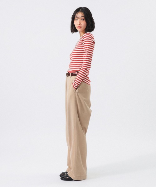 BEAMS BOY ビームスボーイ Tシャツ カットソー トップス 22秋冬 ホワイト ピンク FREE ロング丈 長袖 ボートネック スーパービッグ ボーダー コットン 綿 ビッグシルエット 体型 二の腕カバー チュニック ワンピ スリット ゆったり【レディース】【中古】【美品】 BEAMS BOY（ビームスボーイ）の「LACOSTE for BEAMS BOY / 別注