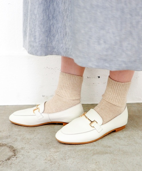 【ほぼ新品】エンアシナガオジサン レザー ローファー ベルト シボ革 ホワイト エンアシナガオジサン EN あしながおじさん 防水│コイン