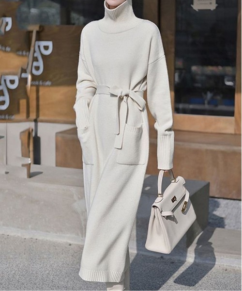 ハイネック 無地 シンプル ワンカラー フレアスリーブ ウエストベルト ロングフレアドレス レディース ２０１８年新作 定番 人気 BLANC FICELLE ワンピース ウエストベルト ハイネック ワンピース