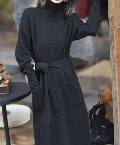 BLANC FICELLE ワンピース ウエストベルト ハイネック ワンピース