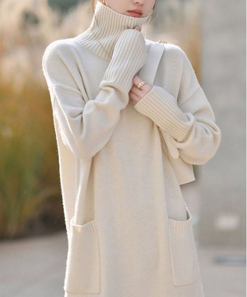 ホワイトハイネックワンピース BLANC FICELLE ワンピース ウエストベルト ハイネック ワンピース