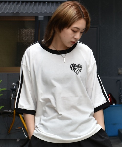 美品☆クレッシェントデュオの半袖Tシャツ Starting Over tシャツ oversize sleeve line ringer T-shirt