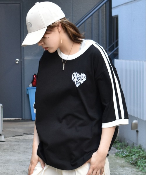 [OVER OVER] Tシャツ T-Shirt (送料関税込み) Starting Over tシャツ oversize sleeve line ringer T-shirt