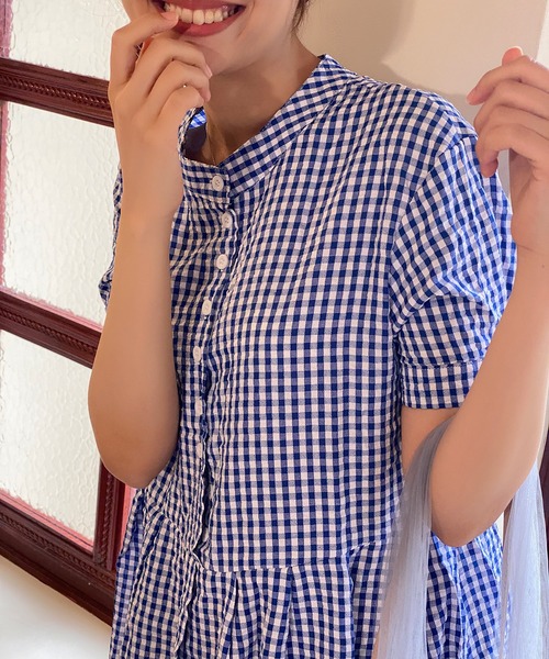 ワンピース チェック柄ボリュームスリーブ半袖ロングワンピース  