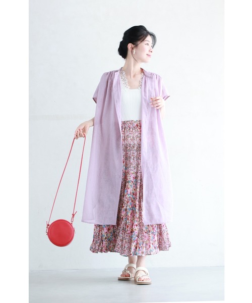 美品✨ 45R リネンコットン チュニック 七分袖 現行タグ ピンク ゆったり cawaii チュニック 「夏の制服」あと1枚ほしい時に、着るチュニック
