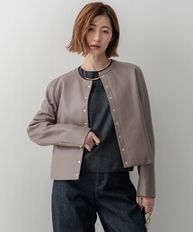 23区 レザージャケット　ノーカラー　ベージュ　大きいサイズ50 レザージャケット ノーカラージャケット レディース アウター