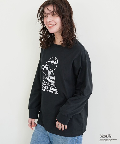 新品　未使用　スヌーピー　プリーツ　トップス　伸びるタイプ　黒 PEANUTS ピーナッツ スヌーピー レディース 長袖 Tシャツ ロングT