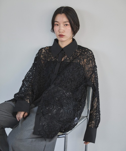 ブラウス シャツ 「FONT LAB」コード刺繍モチーフシアーブラウス レディース レディース トップス 刺繍トップス ノースリーブ｜JETSET SOLO