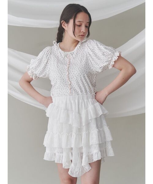 tシャツ Baby flowers パフスリーブtee レディース セール】 【お揃い】天竺花柄チェックパッチパフスリーブ半袖T