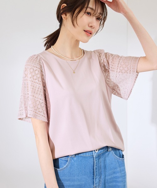 tシャツ 「UVカット・接触冷感」Cutee レースドッキングフレアスリーブトップス&frasl;リンクコーデ レディース