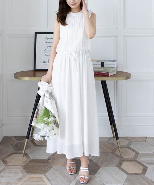 ホワイト ノースリーブ ワンピース 140cm CLEAR BASIC ワンピース 「低身長サイズ有」ウエスト切替ノースリーブ