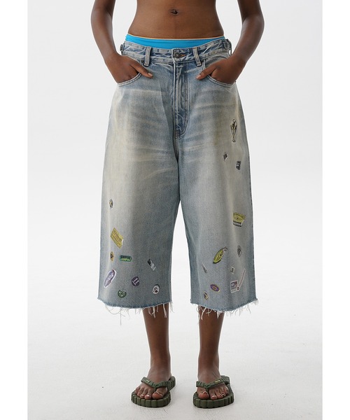 MASONPRINCE ルーズフィット ステッカープリント サイドベルト デニム ルーズフィット ステッカープリント サイドベルト付き デニムパンツ