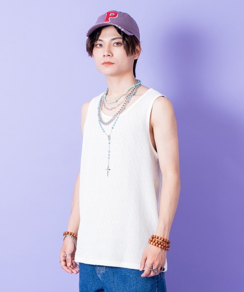 タンクトップ a.p.o.v. ワッフルメッシュ編みニットタンクトップ