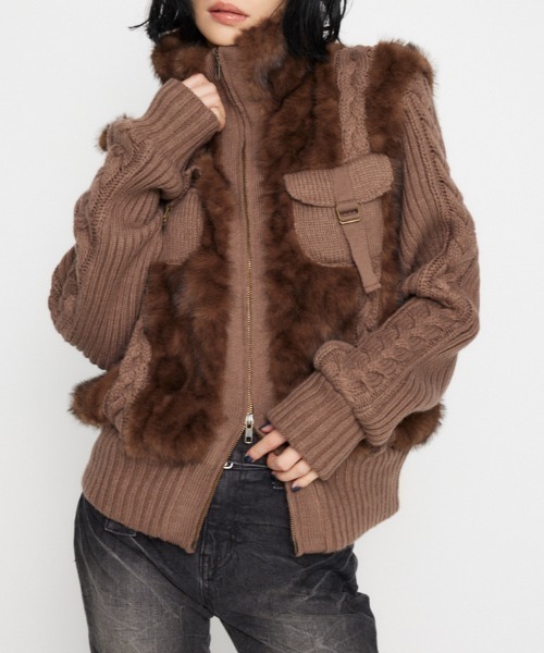 laguagem アウター　ブラウン LAGUA GEM ブルゾン アウター CABLE KNIT FAUX FUR レディース