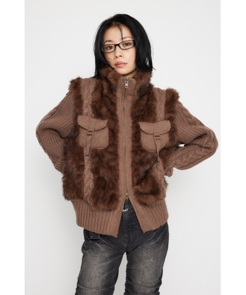 laguagem アウター　ブラウン LAGUA GEM ブルゾン アウター CABLE KNIT FAUX FUR レディース