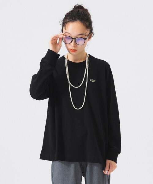 LACOSTE レディースTシャツ LACOSTE tシャツ ワイド＆ショートネームステッチTシャツ