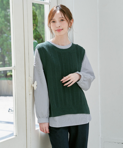 ニットベスト付きチェックコンビブラウス Nadana ブラウス シャツ ニットベスト付きチェックシャツ レディース