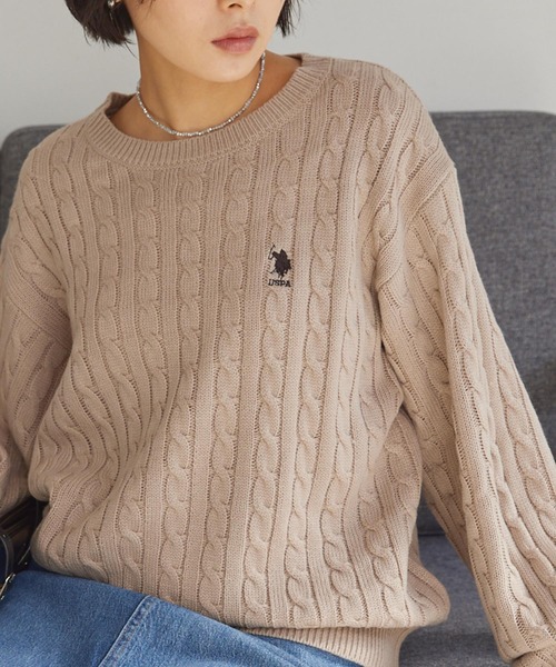 ラルフローレン　ワンポイント刺繍　ケーブルニット　アイボリー　クルーネック U.S. POLO ASSN.（ユーエスポロアッスン） ニット セーター POLOワン