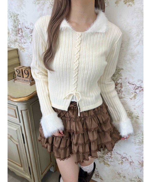 ニット セーター バイカラーフェザー切替レースアップニット