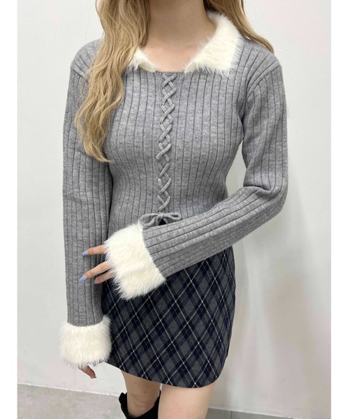ニット セーター バイカラーフェザー切替レースアップニット