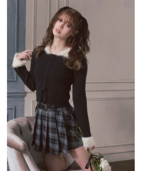 ニット セーター バイカラーフェザー切替レースアップニット