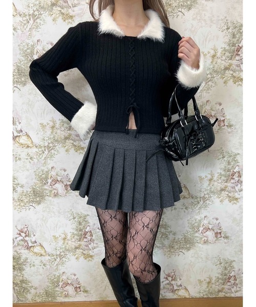 ニット セーター バイカラーフェザー切替レースアップニット