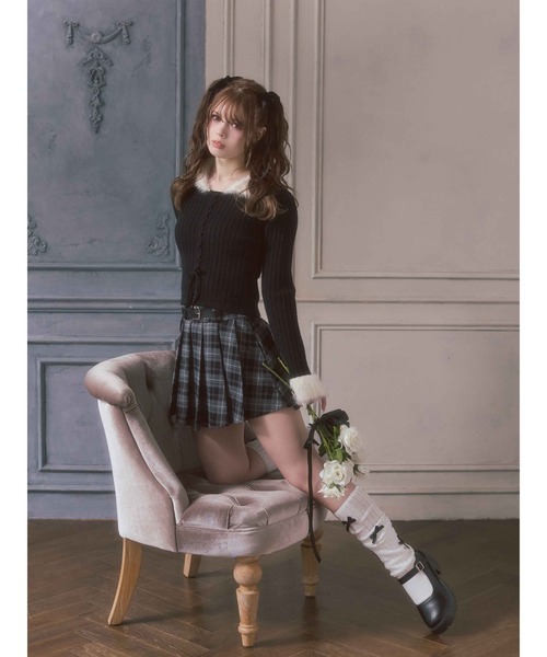 ニット セーター バイカラーフェザー切替レースアップニット