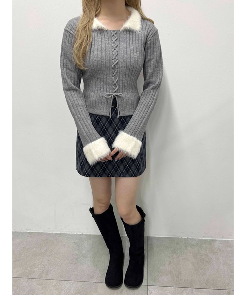 ニット セーター バイカラーフェザー切替レースアップニット