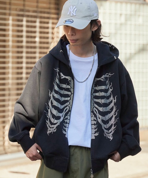 SUPPLIER（サプライヤー） パーカー Fire Skeleton Rhinestone Zip
