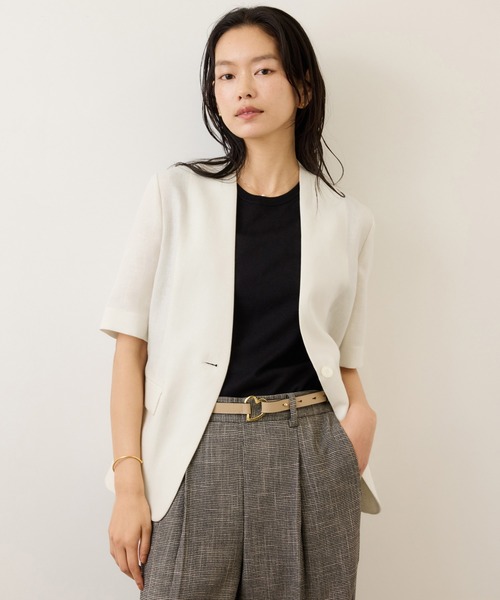 René ホワイト ノーカラージャケット　36 極美品】ルネ Rene ノーカラーツイードジャケット36白 近年モデル