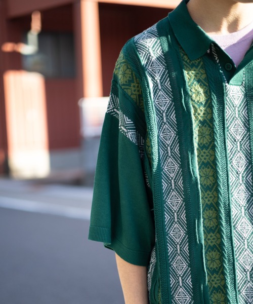 「NYLAUS」 「patina」半袖ニット M ブルー メンズ_画像4