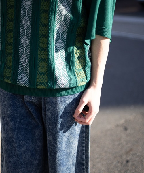 「NYLAUS」 「patina」半袖ニット M ブルー メンズ_画像6