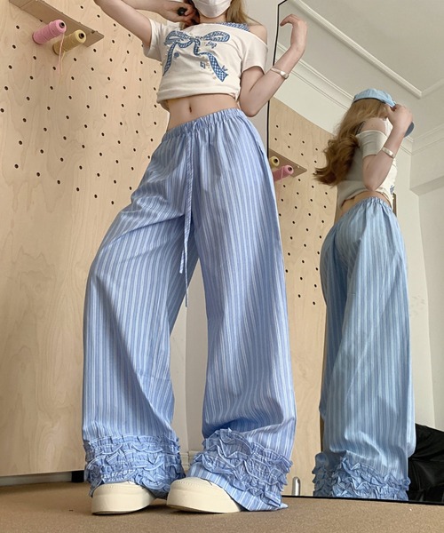 FAVORITO ワイドパンツ パンツ ストライプ柄スラックス レディース